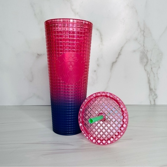 Starbucks 2022 Watermelon Pink Purple Gradient Ombre Grid 24oz Venti Tumbler Cup - Picture 5 of 6